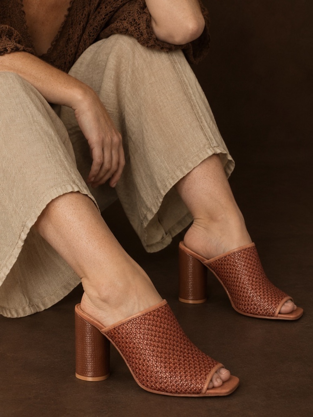 Anthropologie Woven Leather Mules in Cognac Brown